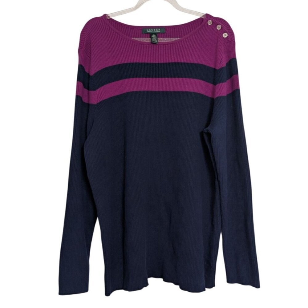 Lauren Ralph Lauren Sweater Womens Size 2X Blue Preppy 3 Button Detail Pullover